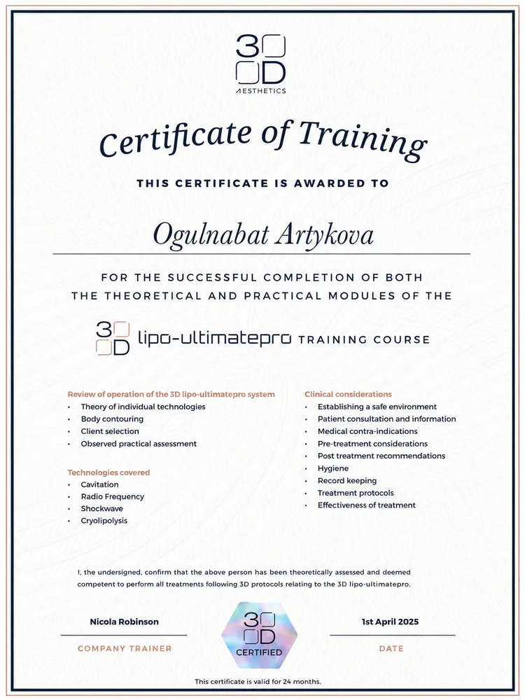 Professional certification held by Aesthetics by Clouds practitioners