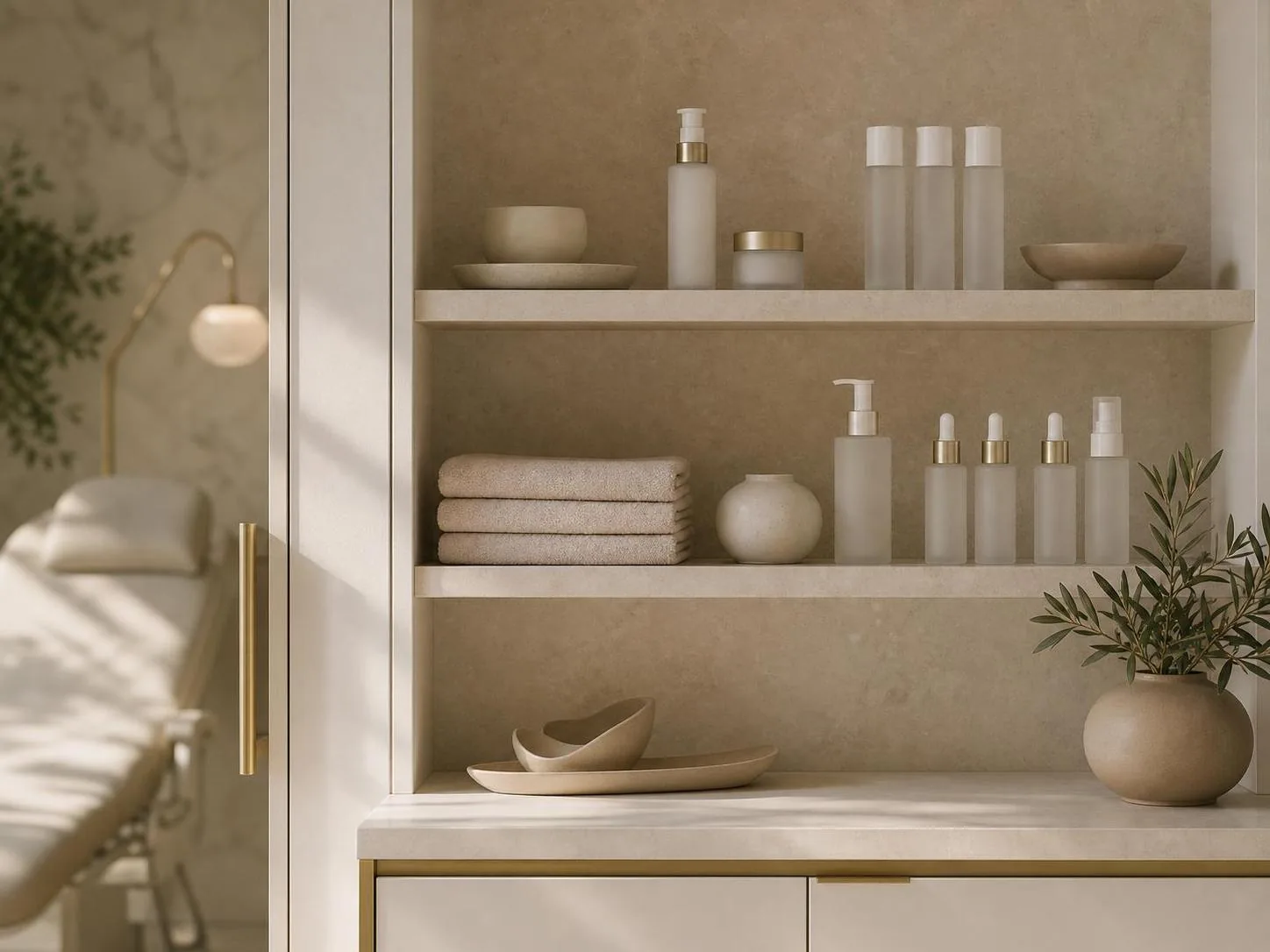 Luxury PCA Skin product cabinet inside the clinic