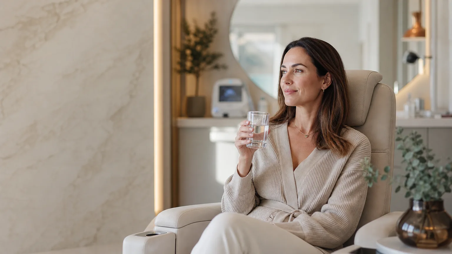 Calm luxury aesthetics clinic interior in Abingdon with a client relaxing after a consultation, warm neutral tones and soft natural light.