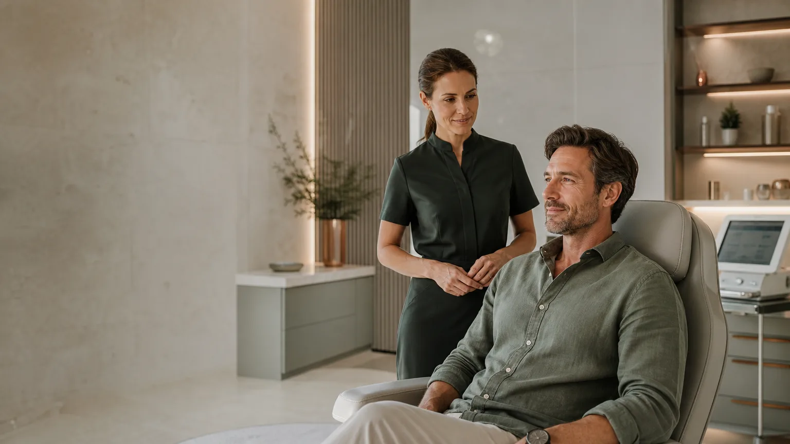 Calm clinic scene showing a client seated comfortably after a scalp consultation, with soft natural light and a refined treatment setting in Abingdon.