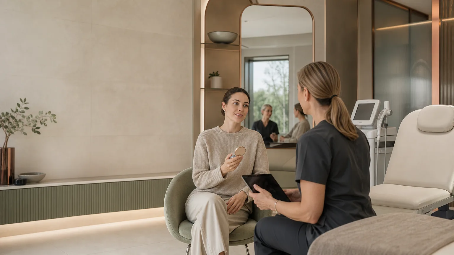 Calm luxury aesthetics clinic setting with a client checking a minimal same-day skincare plan after anti-wrinkle injections