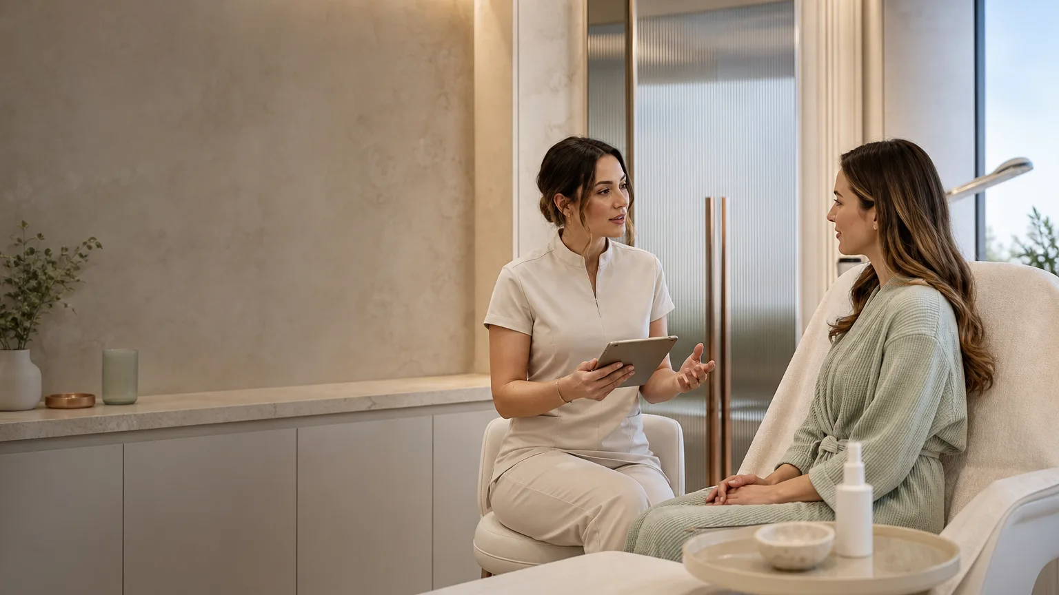 Calm luxury aesthetics clinic interior with a client near soft daylight, illustrating post-treatment skincare and sunscreen guidance